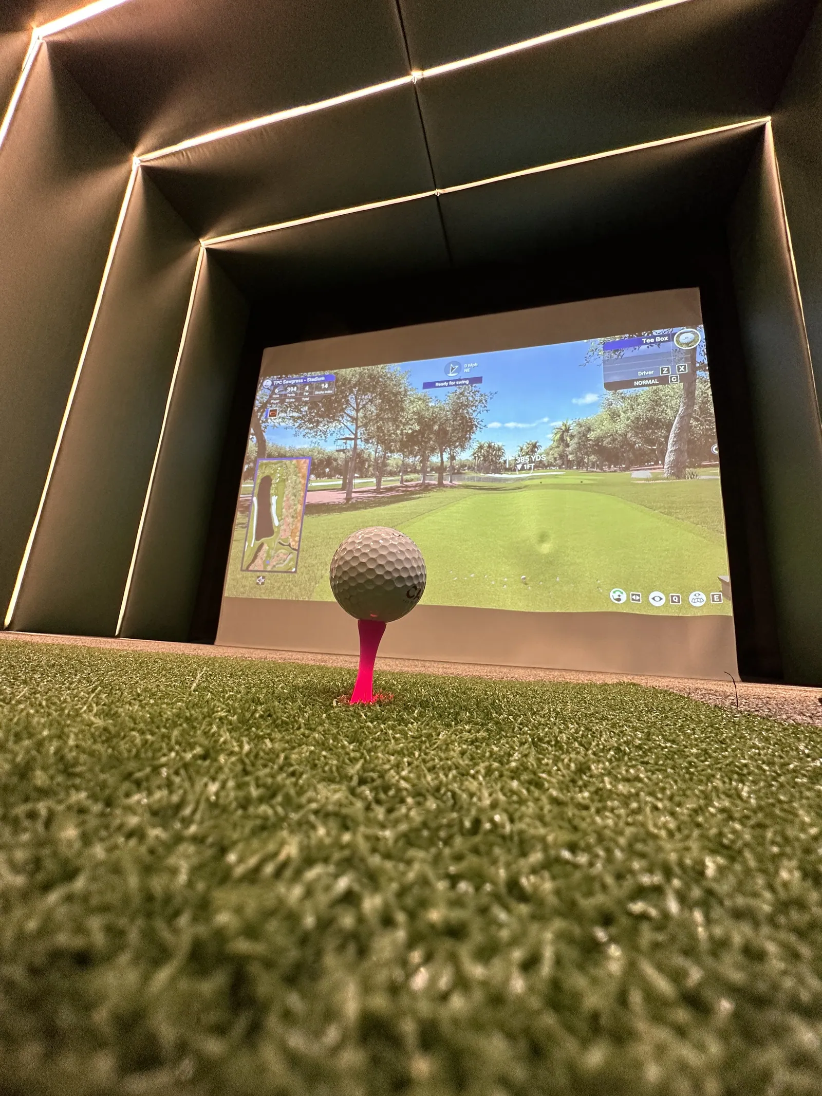 A screen in an enclosure edged with LED lighting, a ball on a tee in front